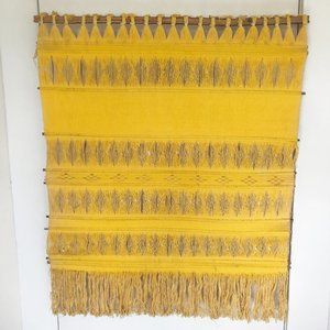 Mustard Yellow Ochre Woven Macrame Fringe Boho Wall Hanging Tapestry Textile Art